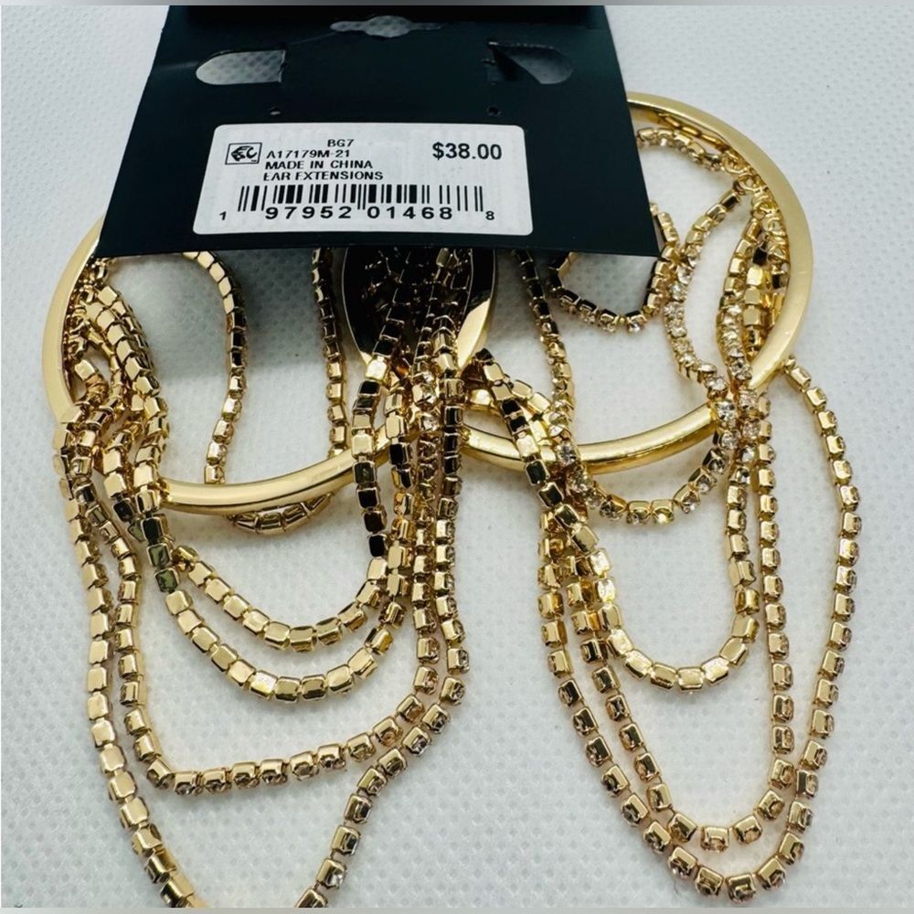 NWT *Guess* Gold Hoop Earrings with Rhinestone Chains - Picture 4 of 6